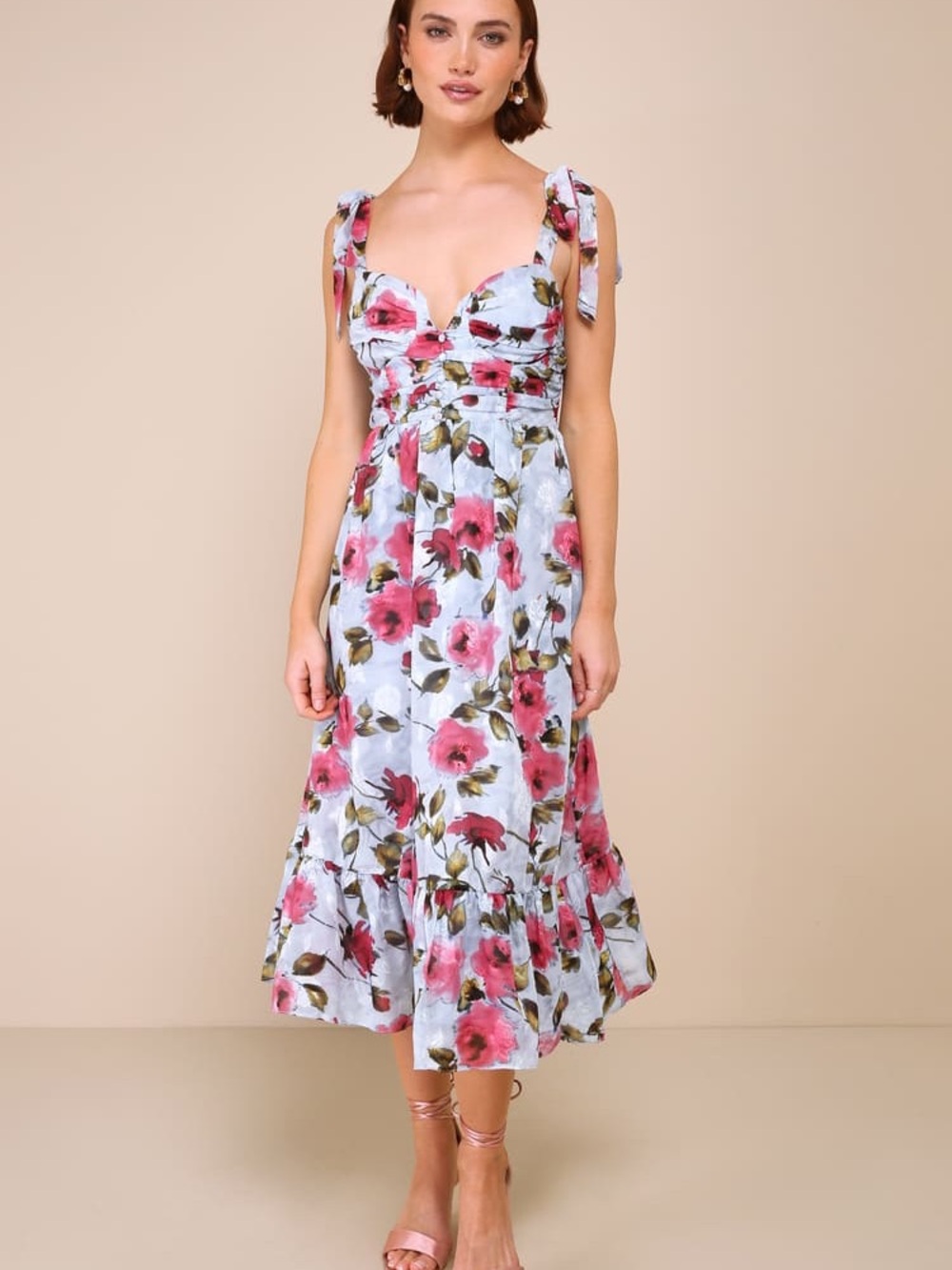 Lulu's Pink Floral Tie-Shoulder Midi Dress